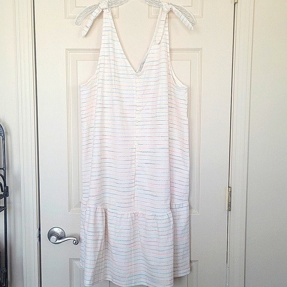Loft Bow Strap Button Flounce Dress Ivory Multi Size XL - Picture 4 of 12